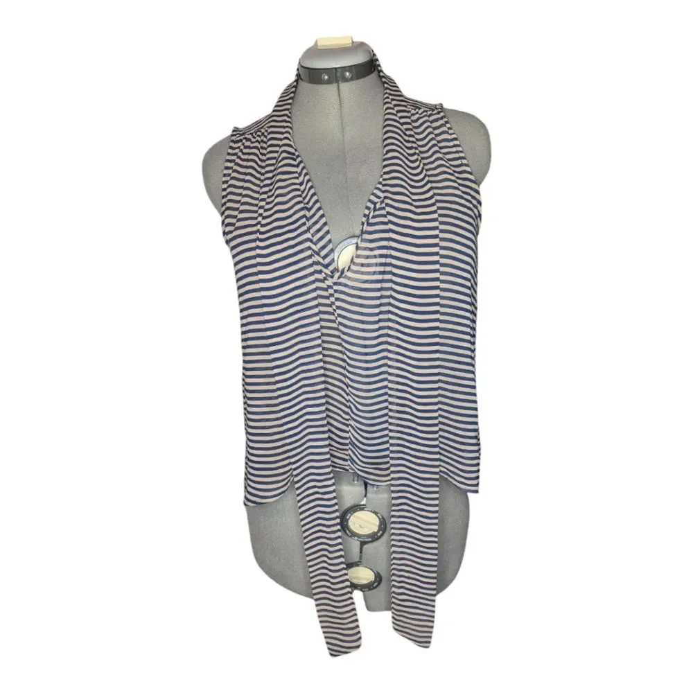 Women's Paper Crane Sheer Striped Relaxed Hi-Lo Tie Blouse - Picture 7 of 8